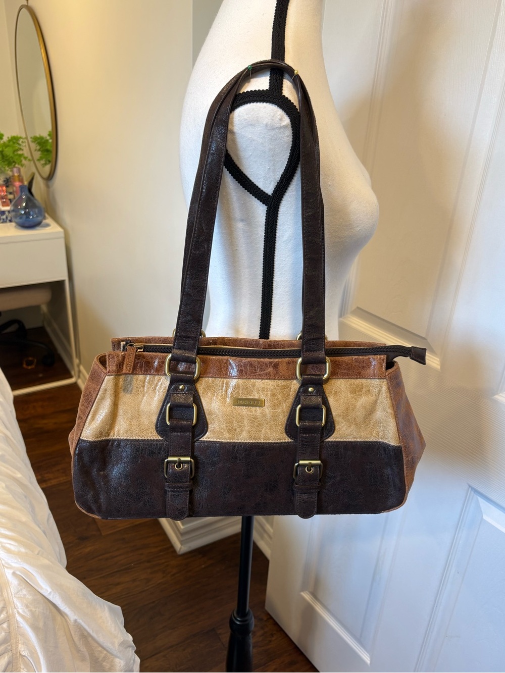 Joanel Brown Tan Colourblock Shoulder Bag Buckle Tote